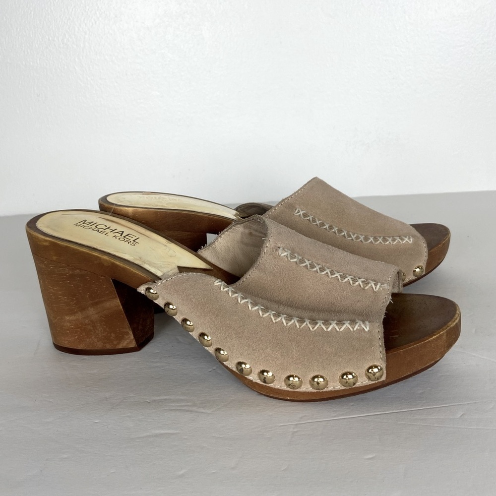 Michael Kors Y2K Wool Studded Block Heels Sandals‎ Size 9.5 M Beige Suede Retro